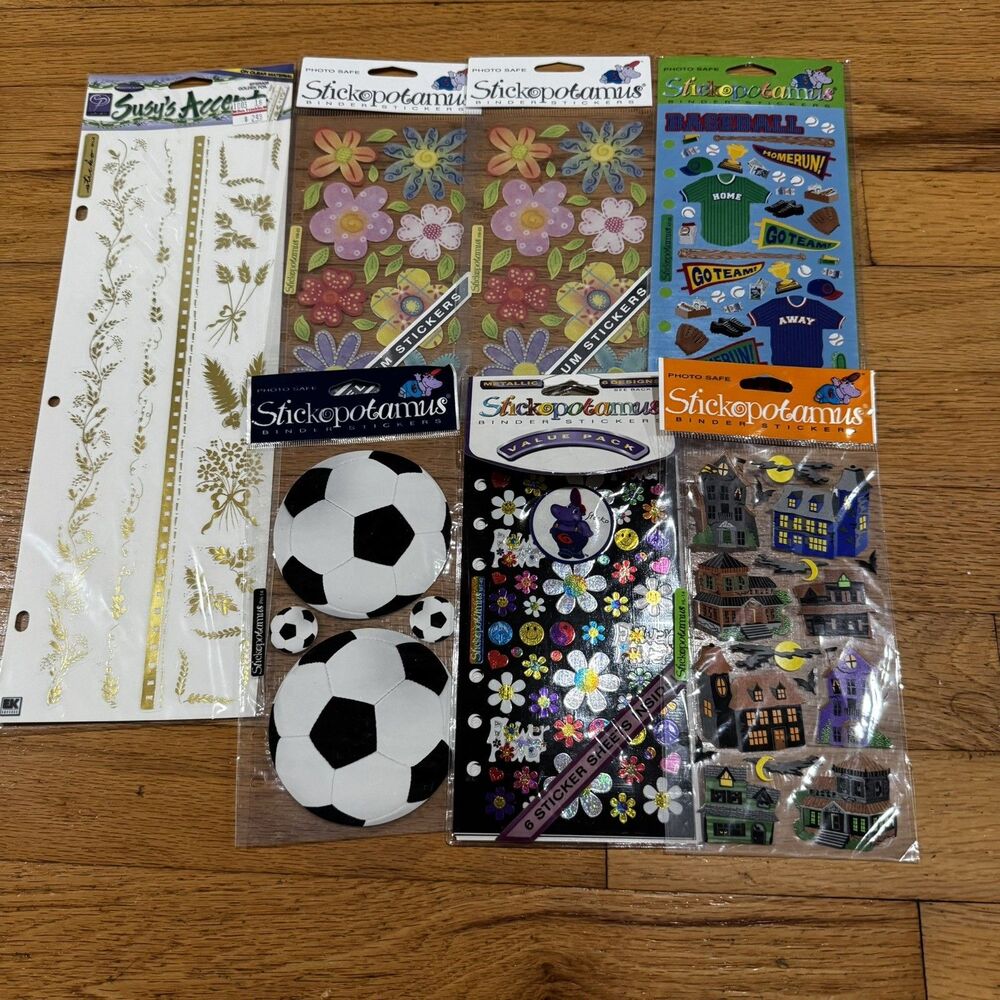 Vintage Stickopotamus Binder Scrapbook Stickers flower soccer foil baseball lot